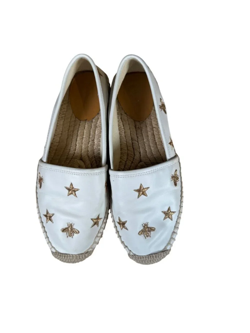 Gucci White Leather Pilar Bee Embroidered Espadrilles Shoes Size EU 37 US 7